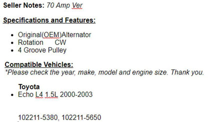 New Alternator Fits 2000 2001 2002 2003 (1.5L) Toyota Echo