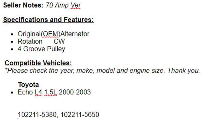 New Alternator 2000 2001 2002 2003 1.5L Fits Toyota Echo