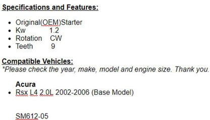 New Starter For 2002 2003 2004 2005 2006 Acura RSX (2.0L) (Base)