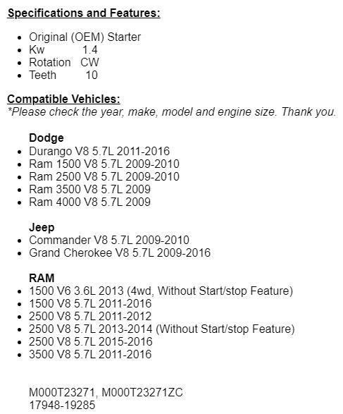 New Starter For Dodge Durango 2011-2016, 2009-16 Jeep Grand Cherokee 5.7L