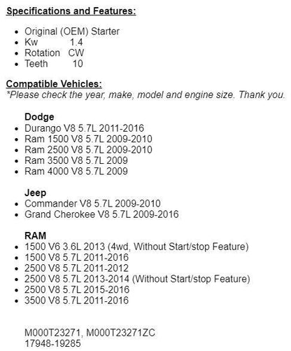 New Starter For Dodge Durango 2011-2016, 2009-16 Jeep Grand Cherokee 5.7L