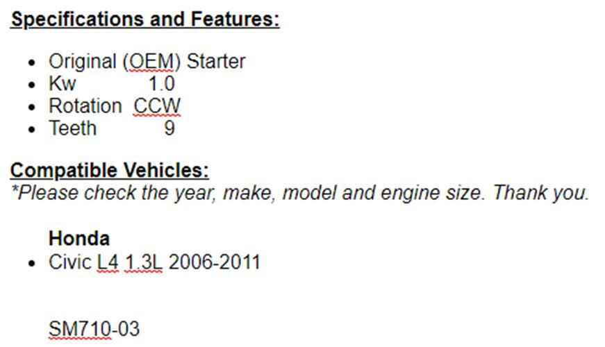 For Honda Civic Hybrid 2006 2007 2008 2009 2010 2011 (1.3) Starter OEM
