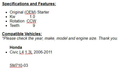 For Honda Civic Hybrid 2006 2007 2008 2009 2010 2011 (1.3) Starter OEM