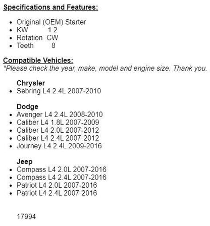 New Starter For Chrysler Sebring 2007-2010 , 2008 2009 2010 Dodge Avenger