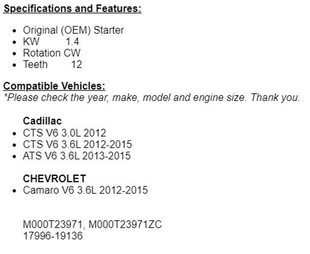 New Starter For Cadillac CTS Chevy Camaro 2012 2013 2014 2015 (3.6L)