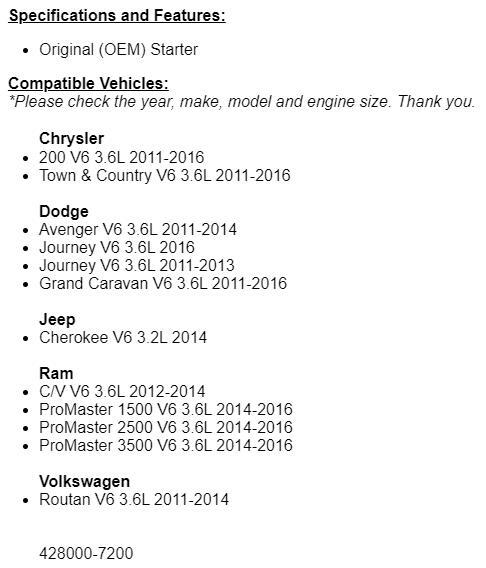 OEM Starter For Town and Country, Chrysler 200 2011-2013 2014-2016 3.6L
