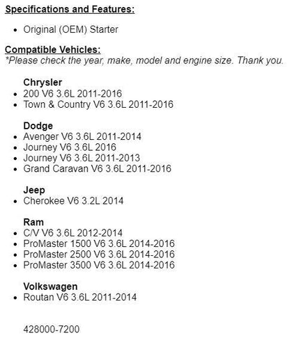 OEM Starter For Town and Country, Chrysler 200 2011-2013 2014-2016 3.6L