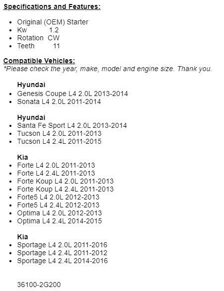 OEM Starter For Hyundai Sonata 2011 2012-2014, 2012-2013 Kia Optima 2.0L