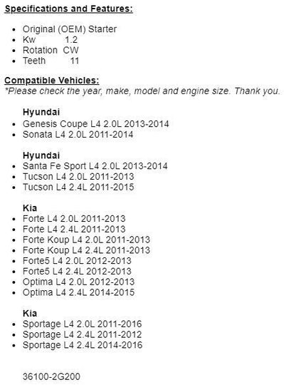 OEM Starter For Hyundai Sonata 2011 2012-2014, 2012-2013 Kia Optima 2.0L