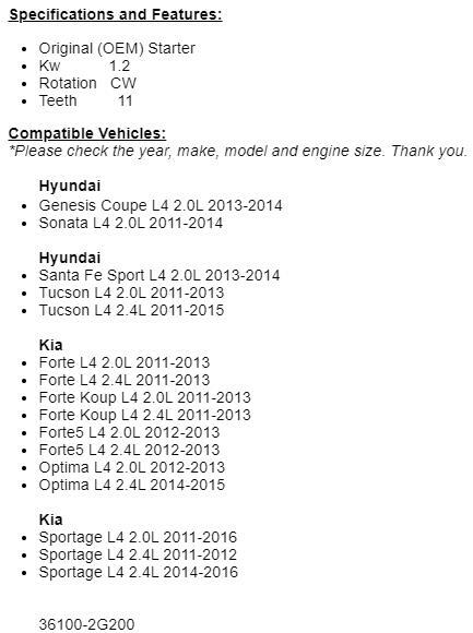 New Starter Fits Hyundai Tucson, Genesis Coupe 2011 2012 2013-2015 (2.0L)