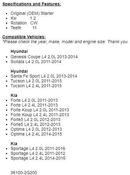 New Starter Fits Hyundai Tucson, Genesis Coupe 2011 2012 2013-2015 (2.0L)