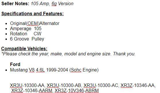 New Alternator Fits 1999 2000 2001 2002-2004 Ford Mustang (4.6L) Sohc Engine