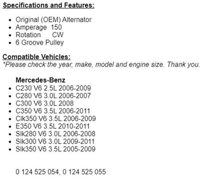 New Alternator Fits 2006 2007 2008 2009 Mercedes C230 C280 C300 C350 CLK350