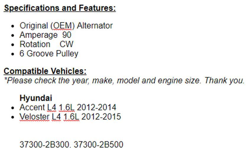 New Alternator Fits Hyundai Accent 2012 2013 2014 , 2012-2015 Veloster 1.6L