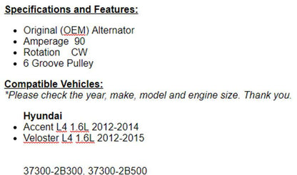 New Alternator Fits Hyundai Accent 2012 2013 2014 , 2012-2015 Veloster 1.6L