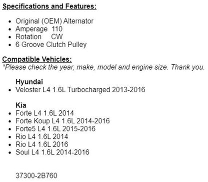 New Alternator For KIA Forte 2014, 13-2016 Hyundai Veloster W/ Turbo 1.6L 11609n