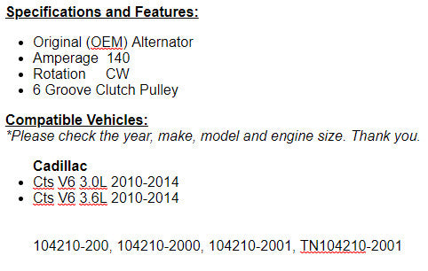 New Alternator Fits Cadillac CTS (3.0), CTS 3.6 2010 2011 2012 2013 2014 11508n