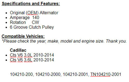 New Alternator Fits Cadillac CTS (3.0), CTS 3.6 2010 2011 2012 2013 2014 11508n