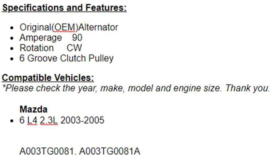 New Alternator For Mazda 6 2003 2004 2005 (2.3L) 13996n