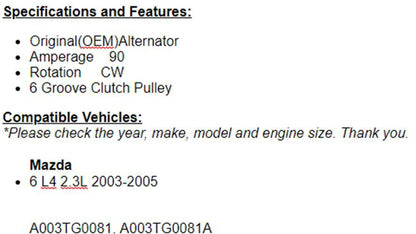 New Alternator For Mazda 6 2003 2004 2005 (2.3L) 13996n