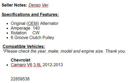 New Alternator  For Chevy Camaro 2012-2013 (3.6L) 14021n