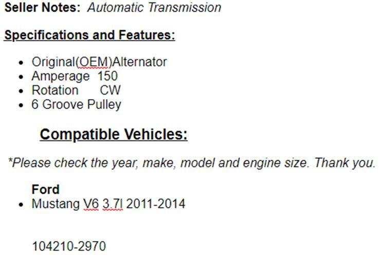 (150 Amp) New Alternator For Ford Mustang 2011 2012 2013 2014 (3.7L) 11623n