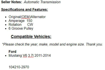 (150 Amp) New Alternator For Ford Mustang 2011 2012 2013 2014 (3.7L) 11623n