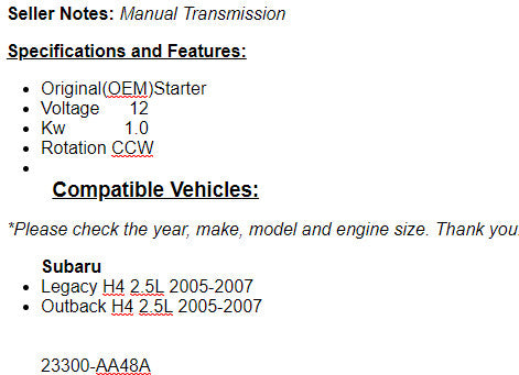 Starter For Subaru Legacy, Outback 2005 2006 2007 (2.5L) Manual 17956n