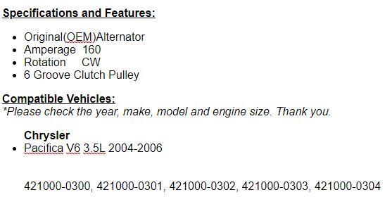 (145 Amp) New Alternator For Chrysler Pacifica 2004 2005 2006 (3.5L) 11063n