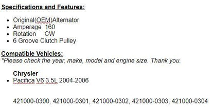 (145 Amp) New Alternator For Chrysler Pacifica 2004 2005 2006 (3.5L) 11063n