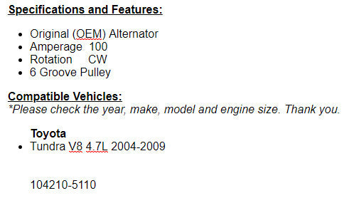 New Alternator For Toyota Tundra 2004 2005 2006 2007 2008 2009 4.7L 11153n