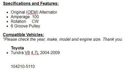 New Alternator For Toyota Tundra 2004 2005 2006 2007 2008 2009 4.7L 11153n