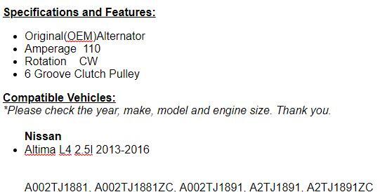 New Alternator Fits Nissan Altima 2013 2014 2015 2016 (2.5L)