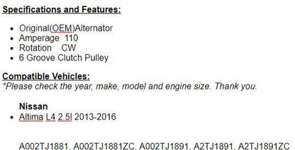 New Alternator Fits Nissan Altima 2013 2014 2015 2016 (2.5L)