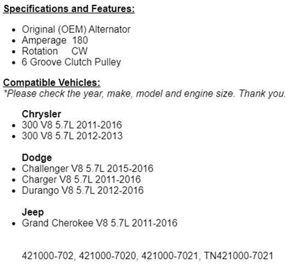 (180 Amp) New Alternator Fits Chrysler 300 Dodge Charger 2011-2022 (5.7L) 11575n