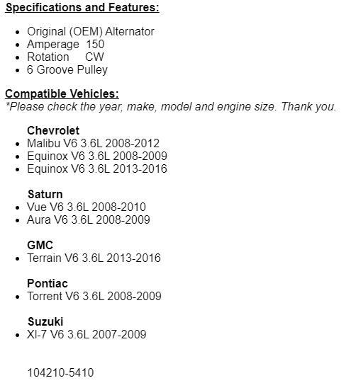 New Alternator For Chevy Malibu 2008-2012, 2008 2009 2010 Saturn Vue 3.6