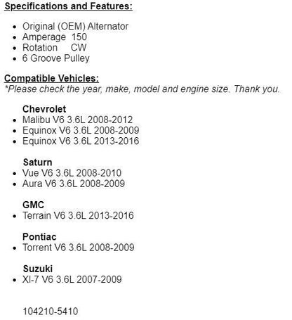 New Alternator For Chevy Malibu 2008-2012, 2008 2009 2010 Saturn Vue 3.6