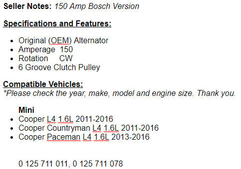 New Alternator For Cooper Paceman 2013-2016, Mini Cooper Countryman 2011-2015