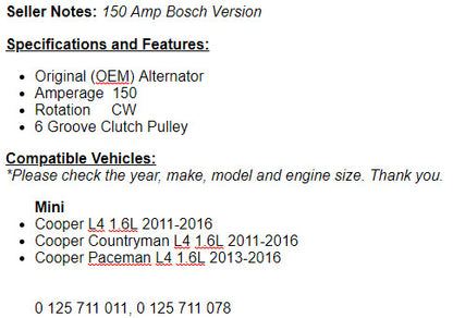 New Alternator For Cooper Paceman 2013-2016, Mini Cooper Countryman 2011-2015