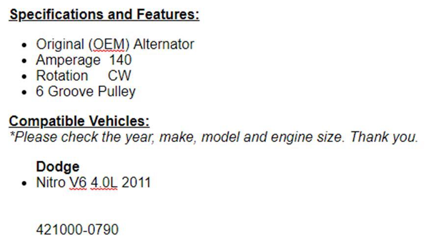 New Alternator Fits Dodge Nitro 2011 4.0L 11593n
