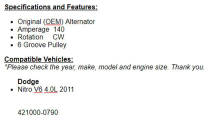 New Alternator Fits Dodge Nitro 2011 4.0L 11593n