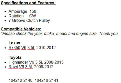 Fits Toyota RAV4 2009-2012, 2008-2013 Highlander 3.5L New Alternator 11325n